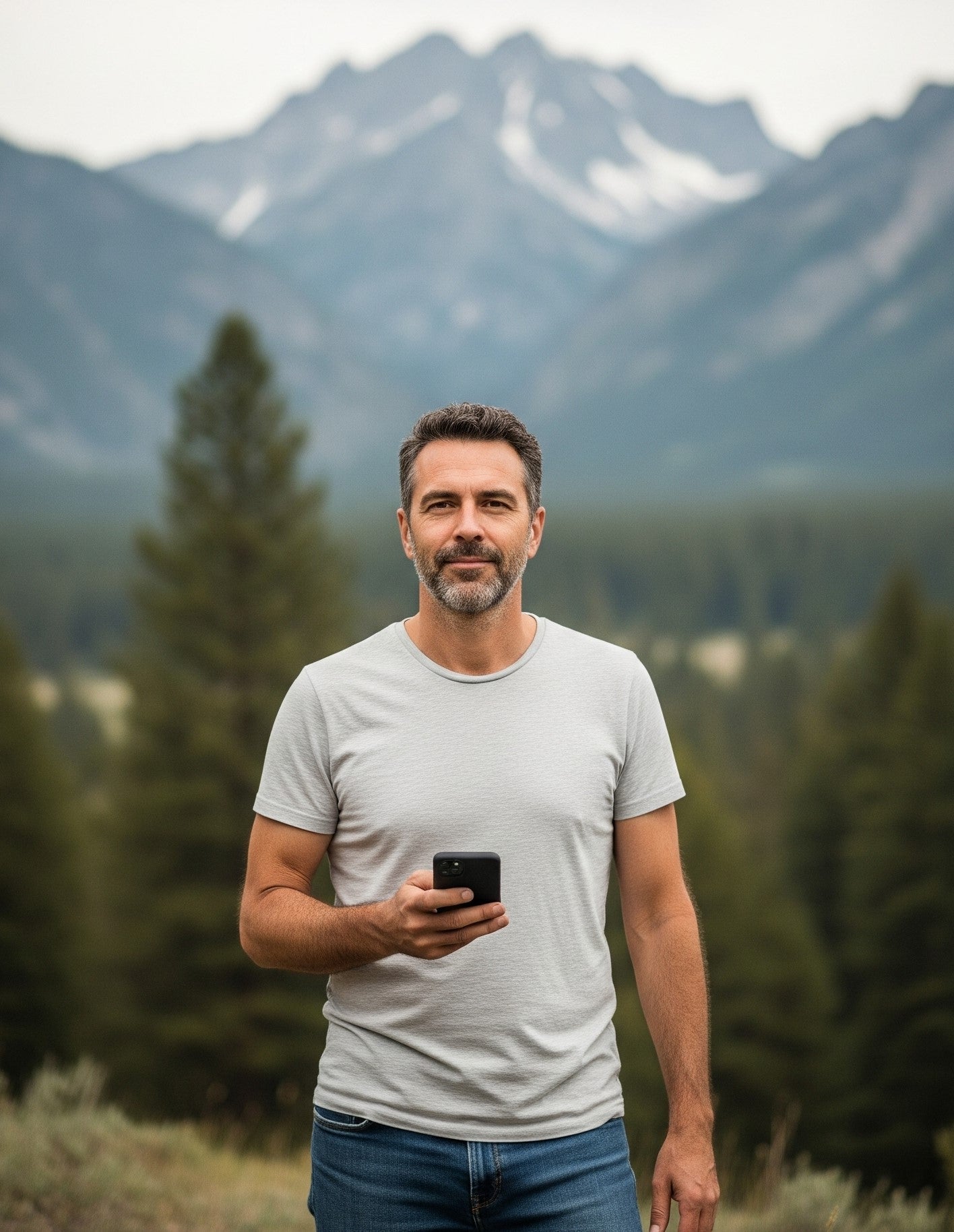 Man holding a phone with mountains and trees in the background