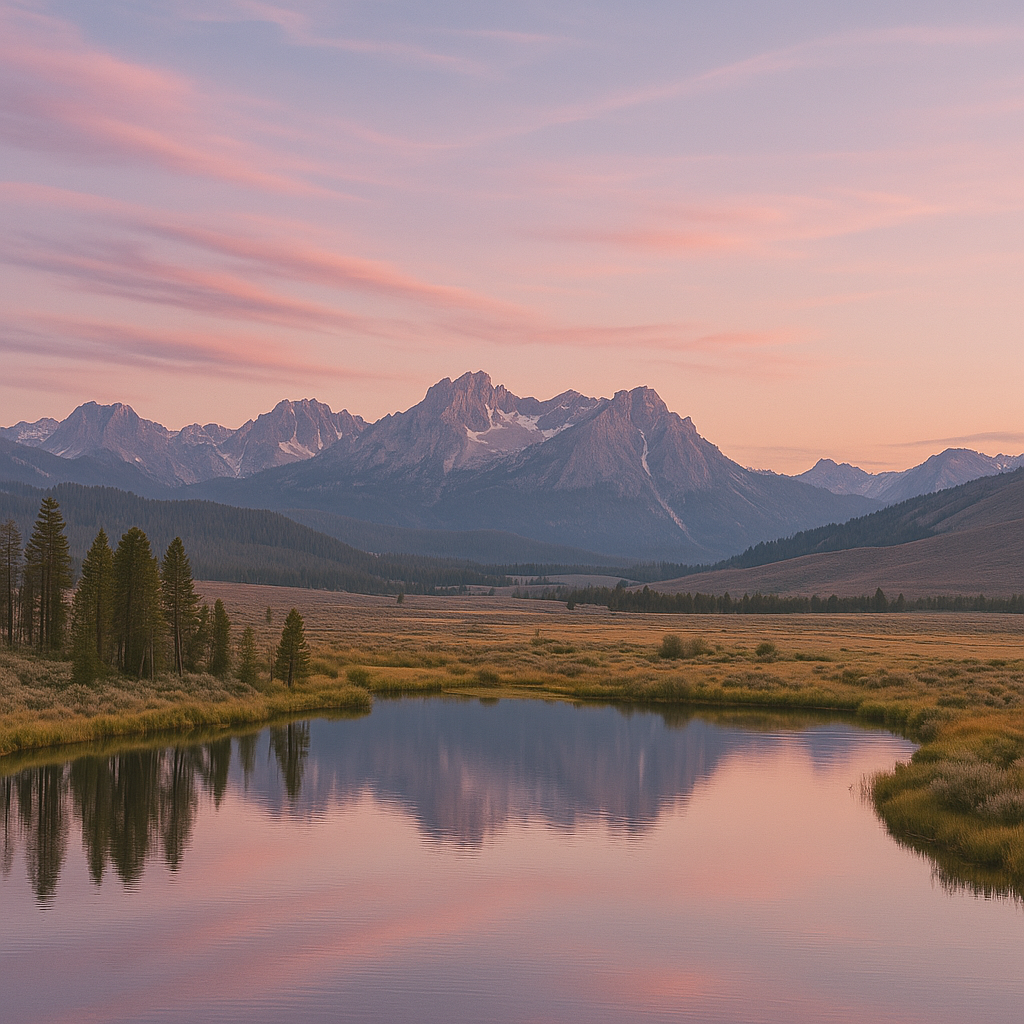 Idaho Mountain landscape with a lake reflecting the sunset